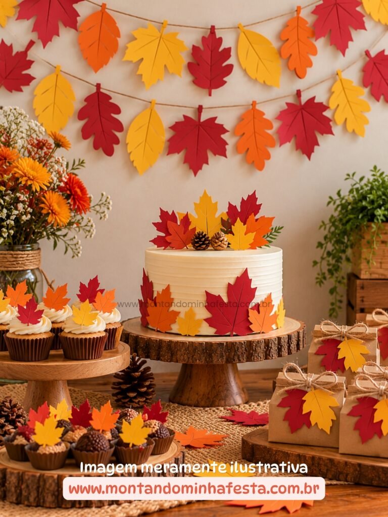 Decoração de festa de outono com folhas de papel recortadas em amarelo, laranja e vermelho, formando varais, painel de parede, enfeites de mesa, topo de bolo e apliques para lembrancinhas kraft.