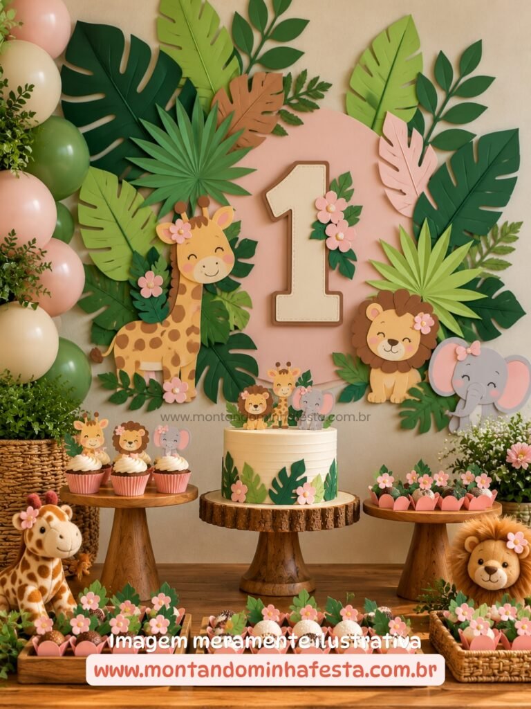 Decoração de festa Safari menina em tons de rosa e verde, com painel de folhagens de papel, número 1, girafa, leão, elefante, flores delicadas e mesa de doces temática.