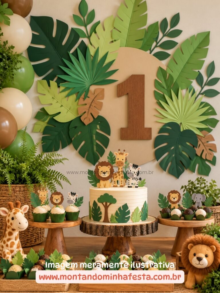 Decoração de festa Safari menino com painel de folhagens de papel em tons de verde, número 1, balões, bolo com animais da selva e mesa de doces com girafa e leão.