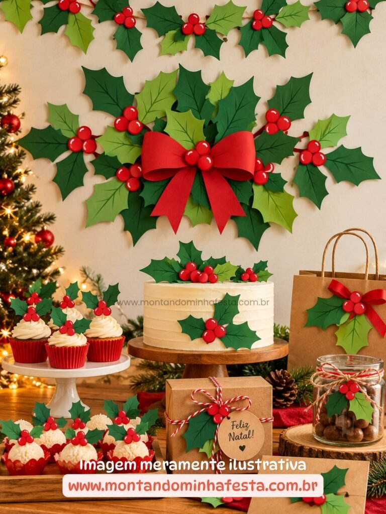 Decoração de Natal com painel de folhas de azevinho recortadas em papel verde e frutinhas vermelhas, usando moldes para criar enfeites natalinos, guirlandas e detalhes para uma mesa decorada.