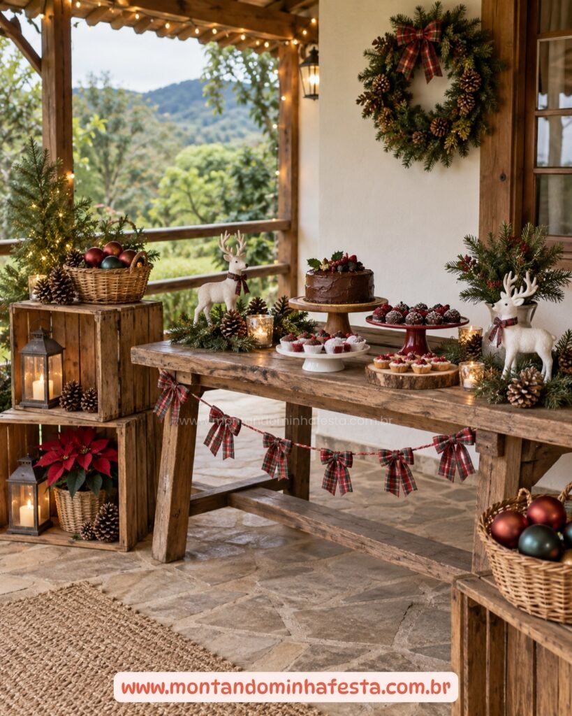Mesa rústica de festa de Natal com renas, pinhas, bolas e doces