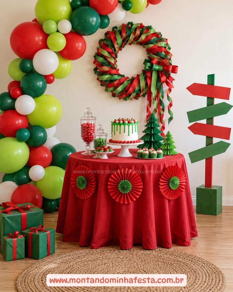 Festa de Natal verde e vermelha com mesa redonda, bolo e arco de balões