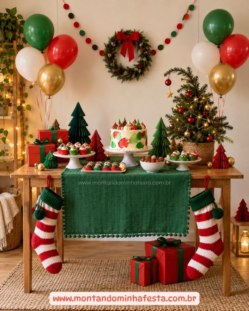 Decoração de Natal com mesa de madeira, bolo, doces, presentes e enfeites verdes e vermelhos