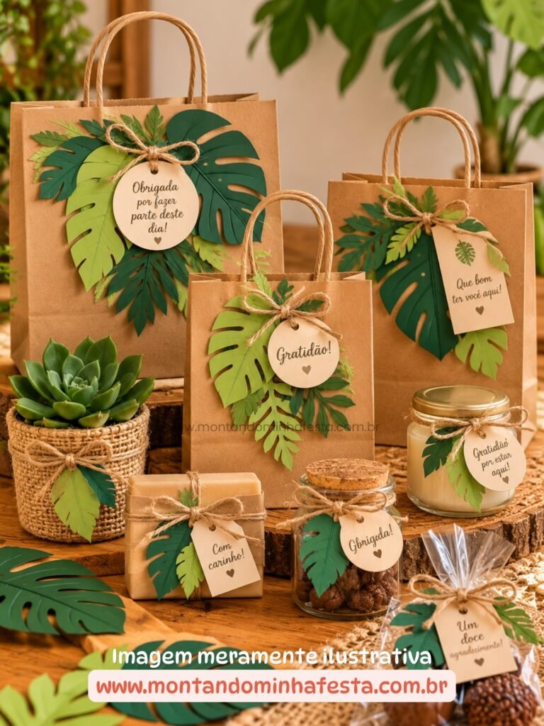 Ideias de lembrancinhas para festa de adultos com sacolas kraft, mini suculenta, sabonete artesanal, vela aromática e potes de doces, decorados com folhagens de papel em tons de verde, barbante de juta e tags de agradecimento.