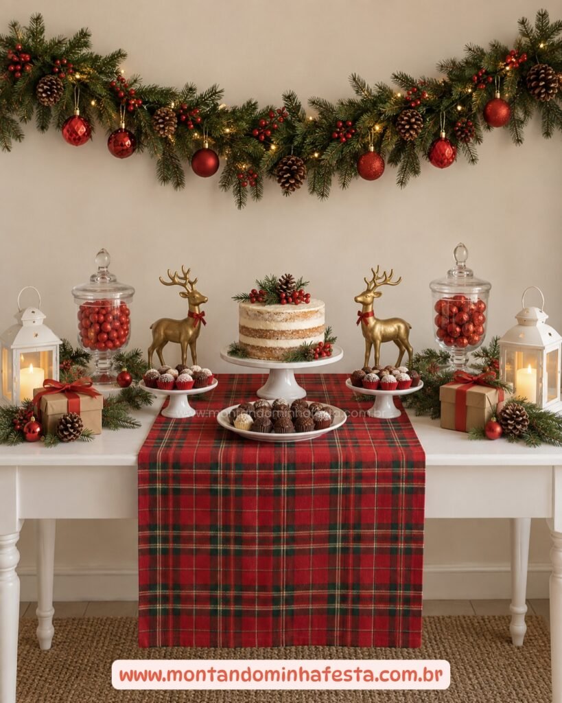 Mesa de doces de Natal com renas douradas, pinhas e bolas vermelhas