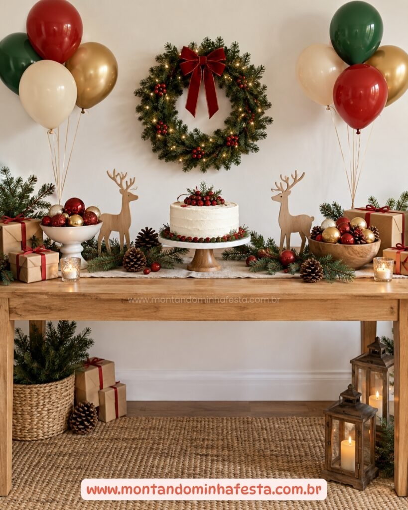Mesa de festa natalina com renas de madeira, pinhas, bolas e bolo branco