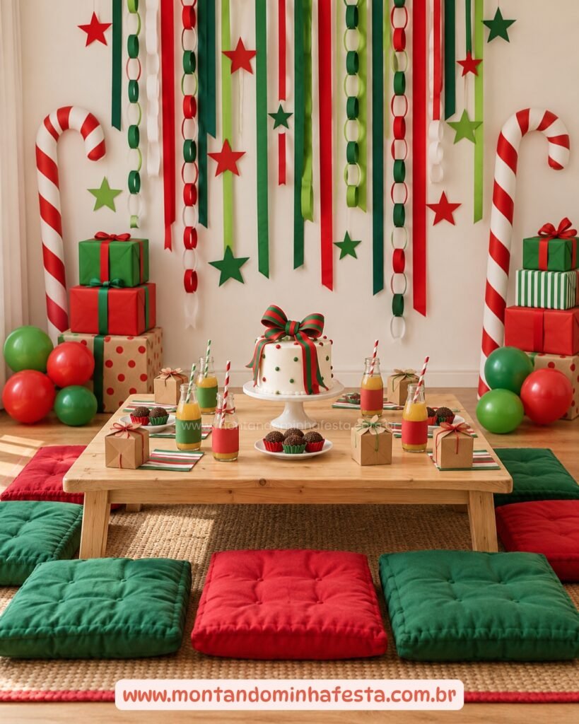 Mesa baixa infantil de Natal com almofadas e decoração de papel verde e vermelha