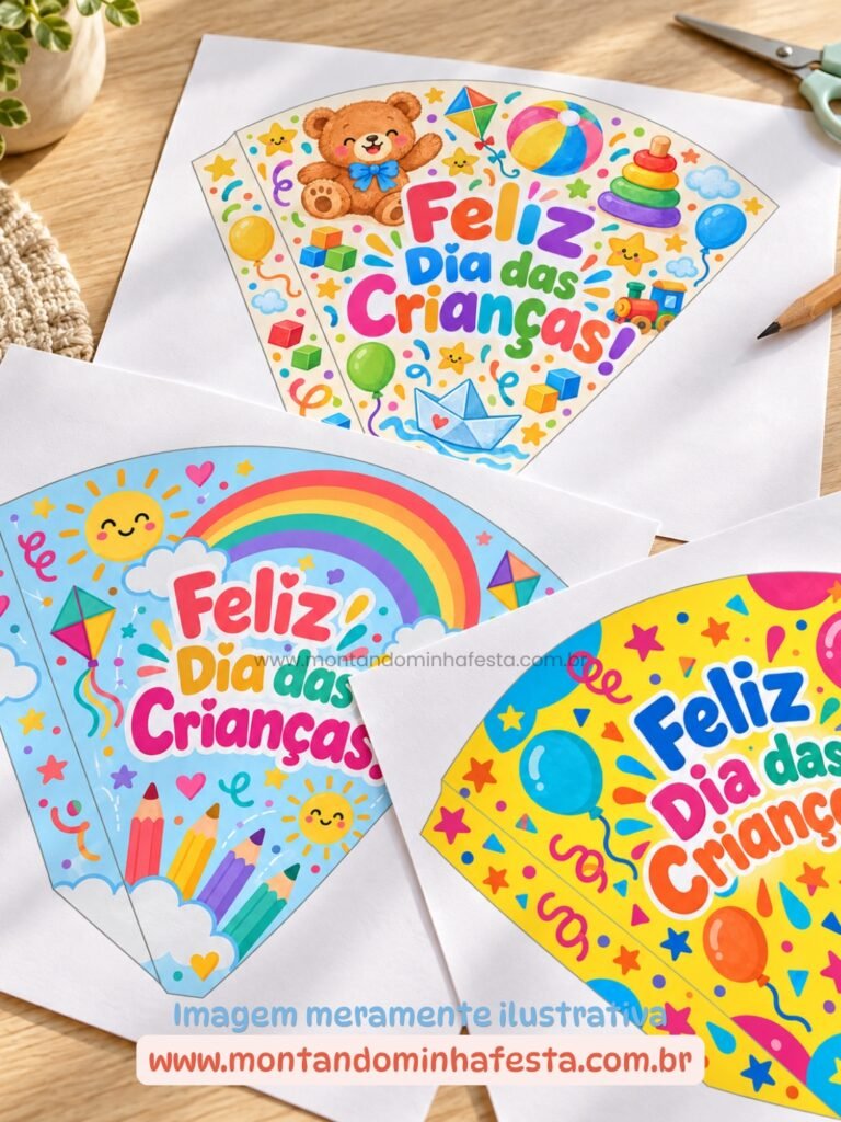 Três moldes de cone de guloseimas para o Dia das Crianças impressos em folhas sobre uma mesa, com estampas de ursinho, arco-íris e balões.
