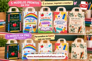Pack com 5 modelos de sacolinhas Dia dos Professores em PDF para imprimir e PNG sem texto para personalizar no Canva, do Montando Minha Festa.