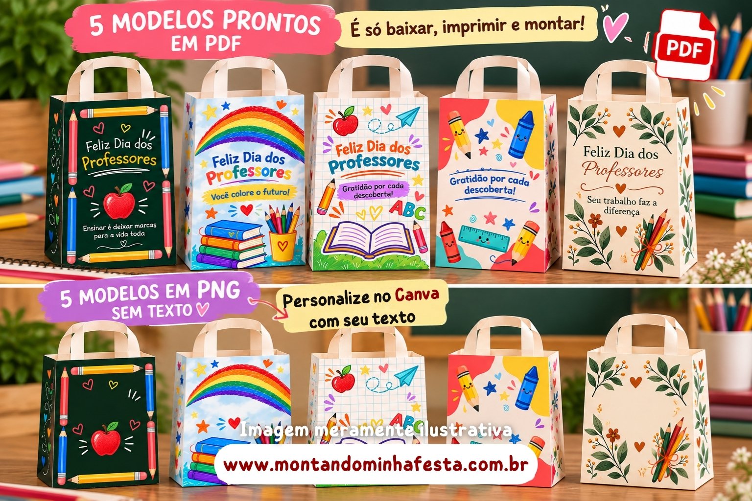 Pack com 5 modelos de sacolinhas Dia dos Professores em PDF para imprimir e PNG sem texto para personalizar no Canva, do Montando Minha Festa.