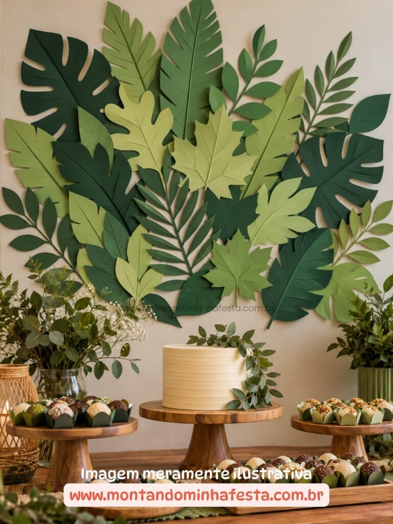 Painel de festa adulto decorado com folhagens de papel em diferentes tons de verde, com folhas tropicais, costela-de-adão e palmeiras, mesa de madeira, bolo e docinhos.