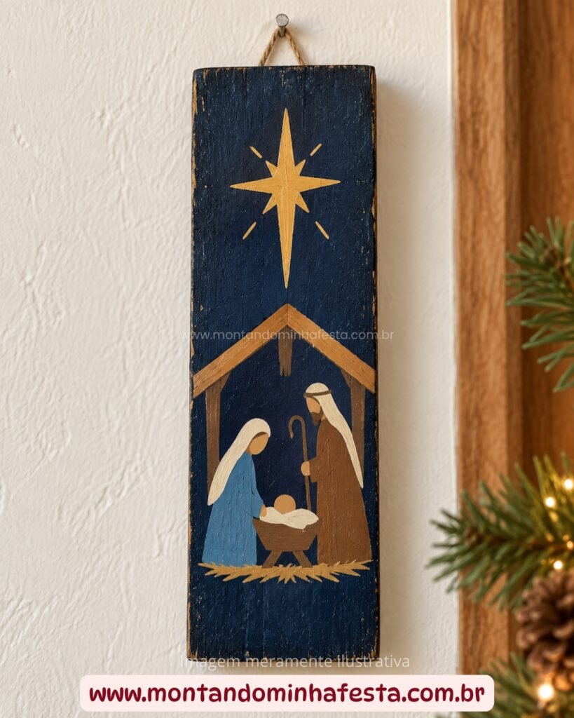 Quadrinho de madeira com presépio pintado, mostrando Maria, José, o menino Jesus e uma estrela