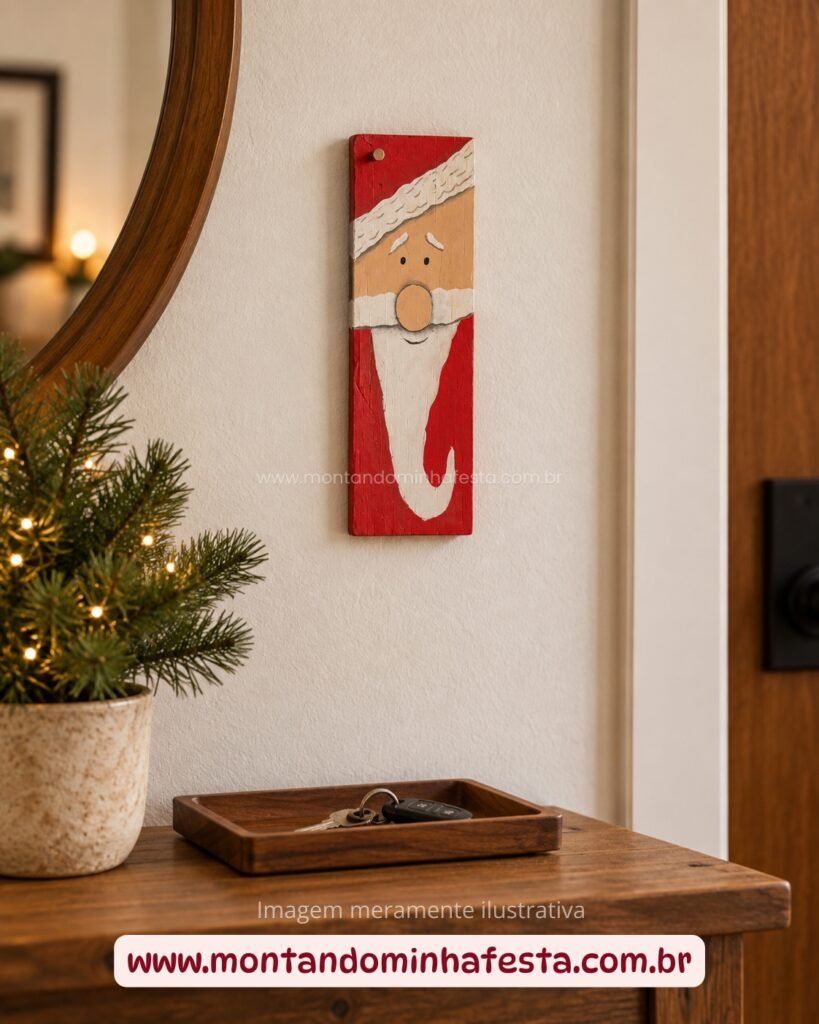 Quadro de Papai Noel em madeira reaproveitada decorando a entrada da casa