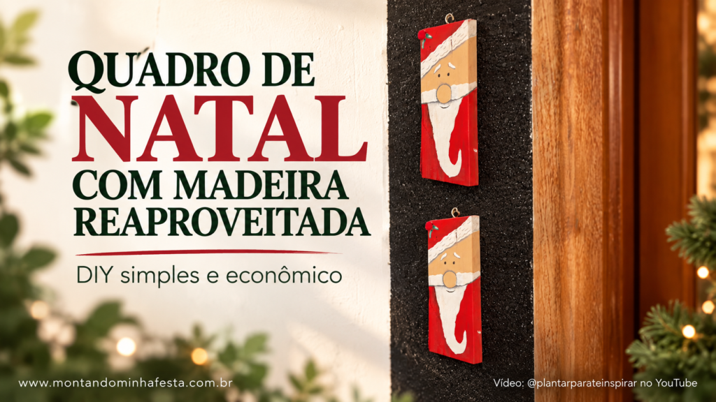 Dois quadros estreitos de Papai Noel pintados em madeira reaproveitada e pendurados na vertical