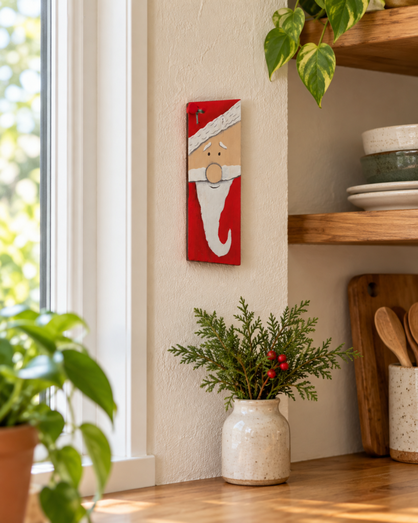 Quadro pequeno de Papai Noel pintado em madeira decorando a parede da cozinha