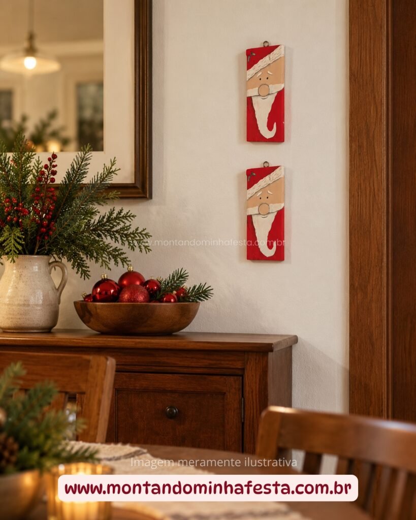 Dois quadros natalinos de Papai Noel na parede acima de um aparador da sala de jantar