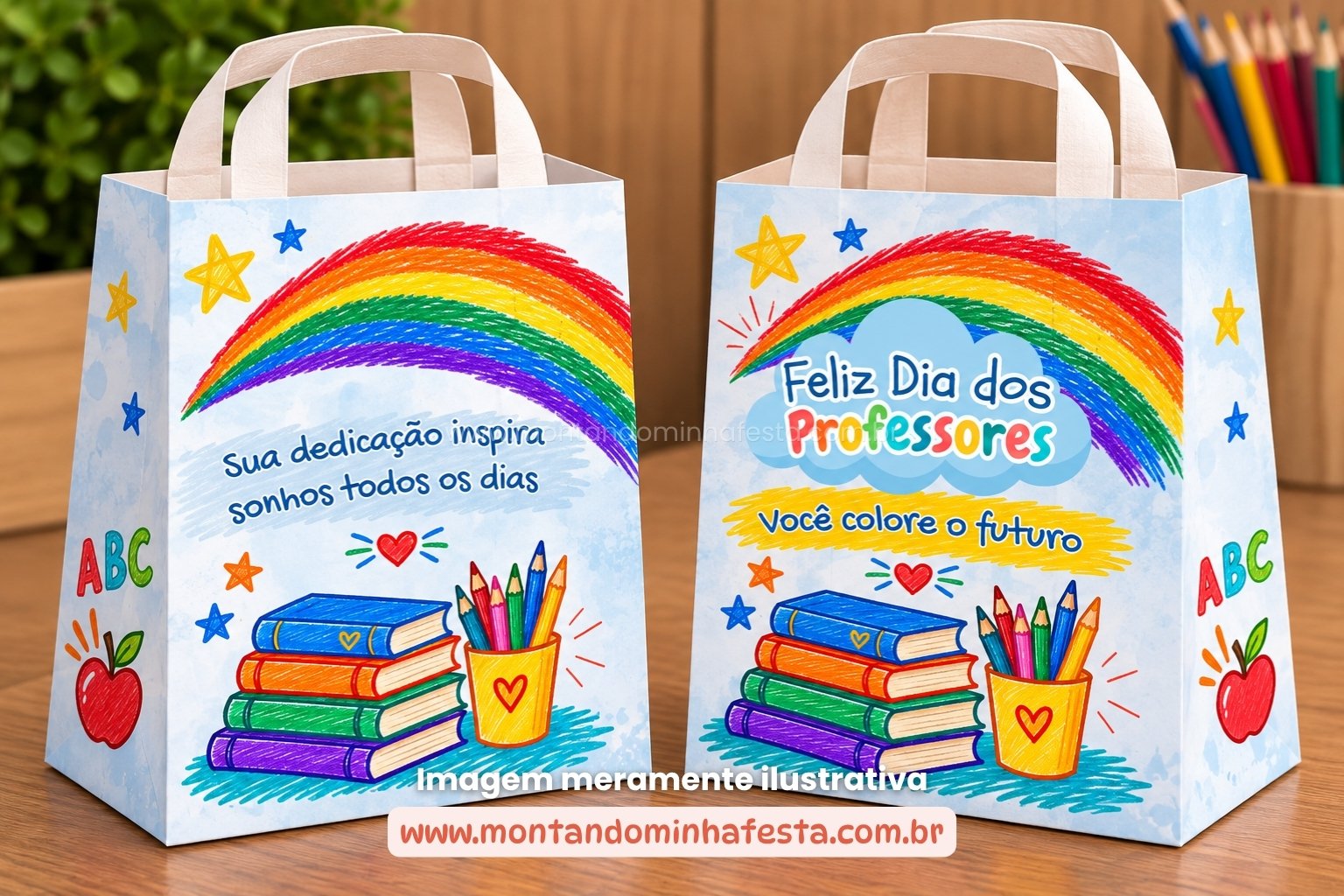 Mockup de sacolinha Dia dos Professores com arco-íris colorido, livros e lápis de cor, mostrando frente e verso
