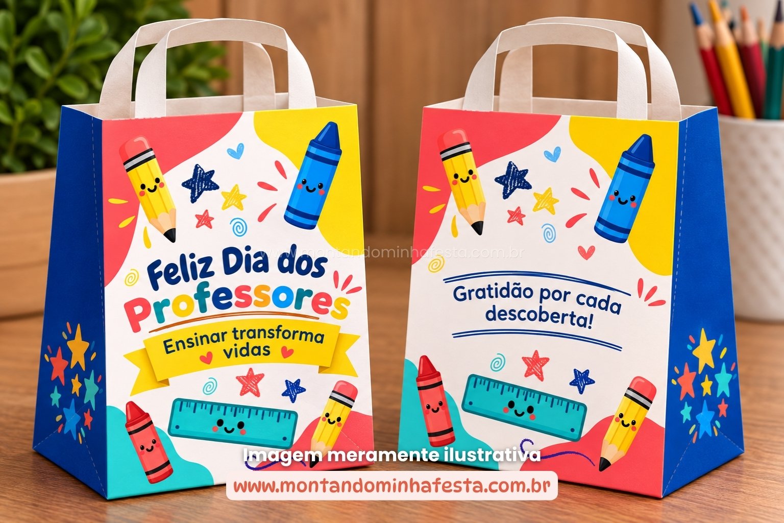 Mockup de sacolinha Dia dos Professores com lápis, giz de cera e ilustrações escolares coloridas, mostrando frente e verso.