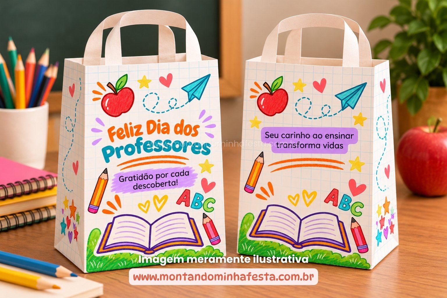 Mockup de sacolinha Dia dos Professores com fundo quadriculado, desenhos escolares e mensagens de agradecimento
