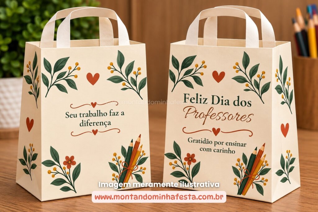 Mockup de sacolinha Dia dos Professores com flores, folhagens e lápis coloridos, mostrando frente e verso da lembrancinha