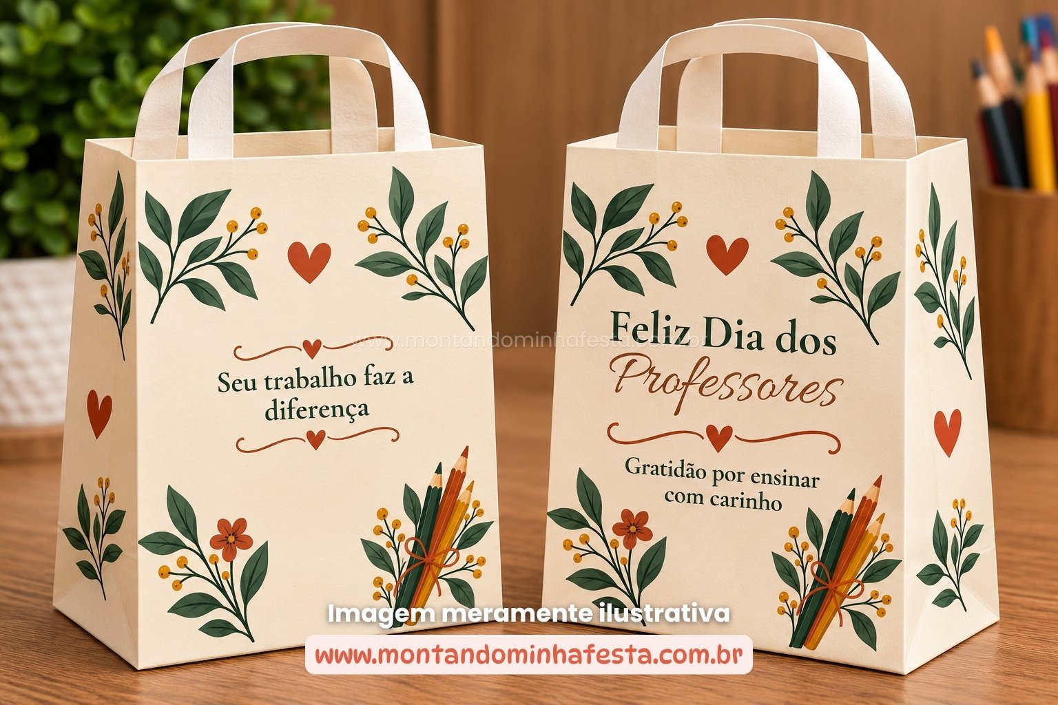 Mockup de sacolinha Dia dos Professores com flores, folhagens e lápis coloridos, mostrando frente e verso da lembrancinha