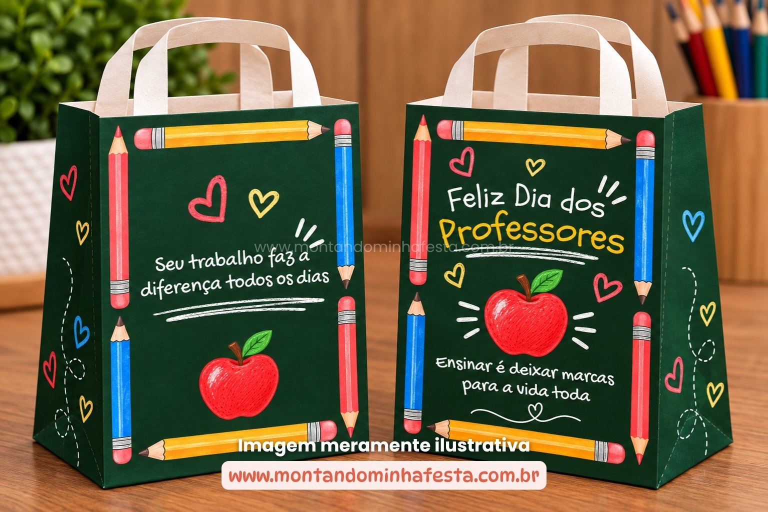 Mockup de sacolinha Dia dos Professores com fundo verde de lousa, lápis coloridos e maçã vermelha, mostrando frente e verso.