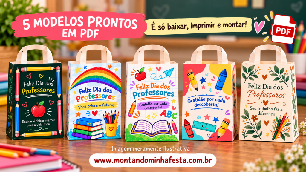 Cinco sacolinhas de Dia dos Professores sobre uma mesa, com estampas de lousa, arco-íris, livros, materiais escolares e folhagens.