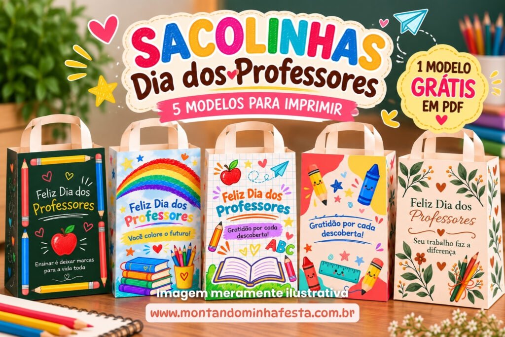 Banner com 5 modelos de sacolinhas Dia dos Professores para imprimir em PDF, com estampas escolares e florais, sendo 1 modelo grátis para download