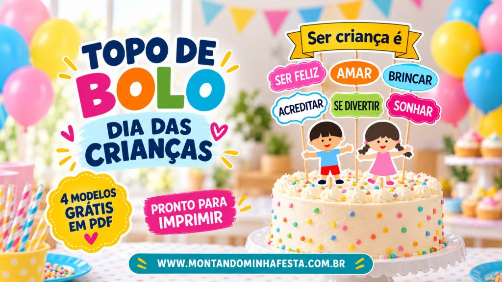 Bolo decorado com topo de Dia das Crianças, personagens infantis e frases coloridas, em banner com quatro modelos grátis para imprimir.