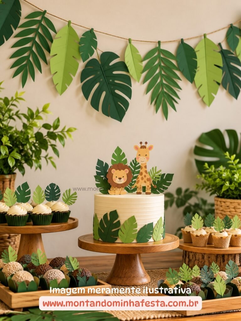 Varal de folhagens de papel em diferentes tons de verde, com folhas de palmeira, costela-de-adão e folhas tropicais, decorando uma mesa de festa Safari com bolo e docinhos.