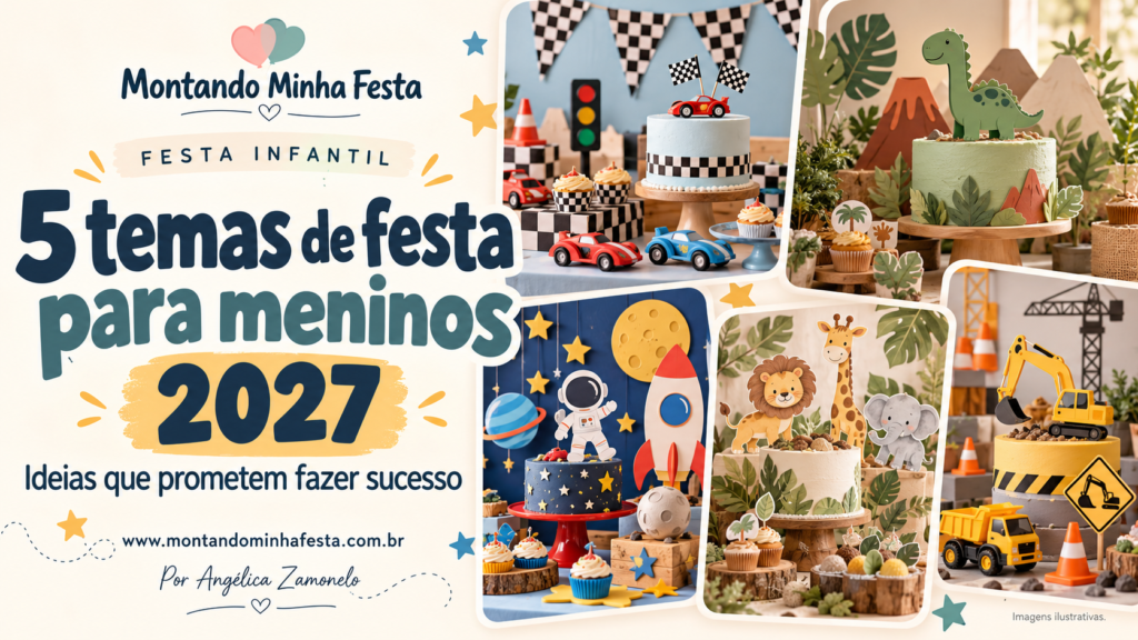 Banner com cinco temas de festa para meninos em 2027: carrinhos, dinossauros, astronauta, safári e pequenos construtores.