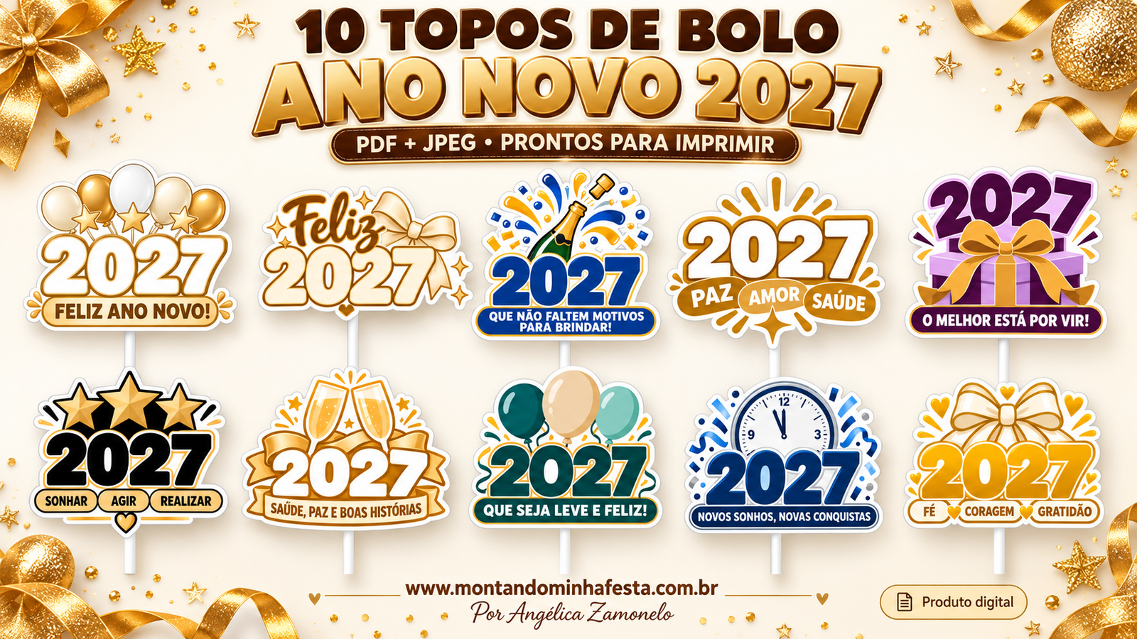 Coleção com 10 modelos de topo de bolo Ano Novo 2027 em cores variadas, disponíveis em PDF e JPEG prontos para imprimir na loja Montando Minha Festa.