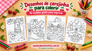 Banner com quatro desenhos de cerejinhas para colorir e a chamada “10 modelos grátis para imprimir”.
