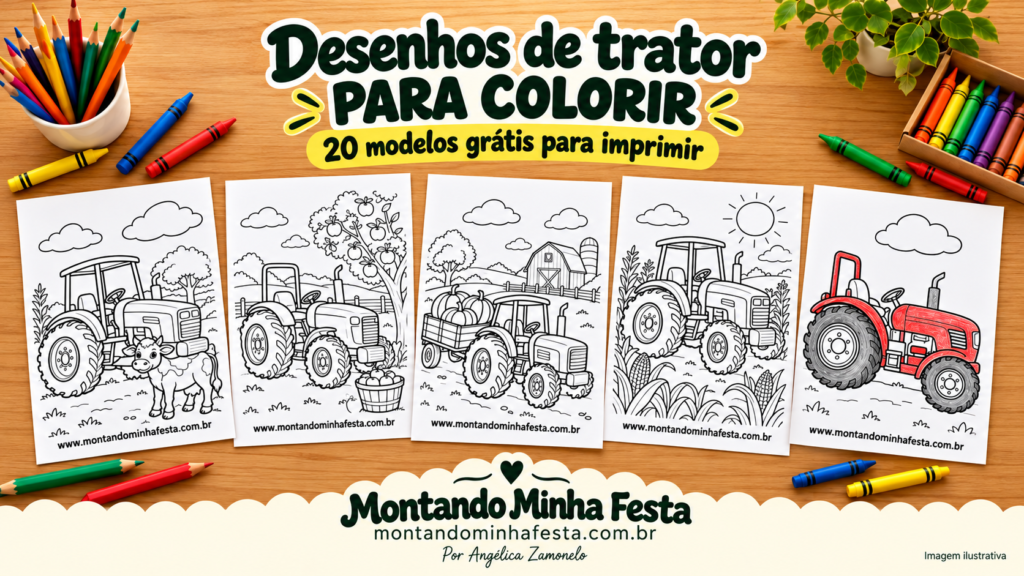Banner com cinco desenhos de tratores em folhas A5, lápis de cor e giz de cera, com a chamada “20 modelos grátis para imprimir”