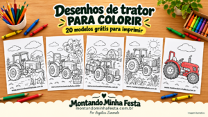 Banner com cinco desenhos de tratores em folhas A5, lápis de cor e giz de cera, com a chamada “20 modelos grátis para imprimir”