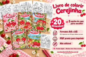 Banner do livro de colorir Cerejinha em PDF, com 20 desenhos, formatos A4 e A5 e cinco opções de capa para escolher.