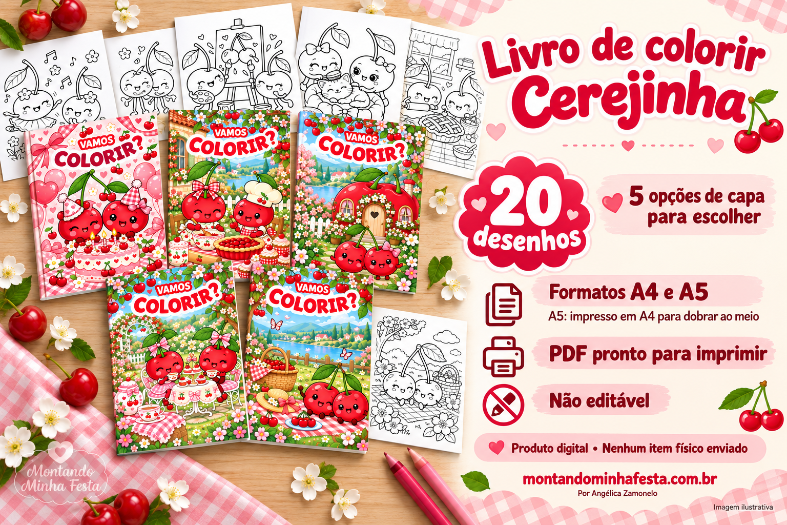 Banner do livro de colorir Cerejinha em PDF, com 20 desenhos, formatos A4 e A5 e cinco opções de capa para escolher.