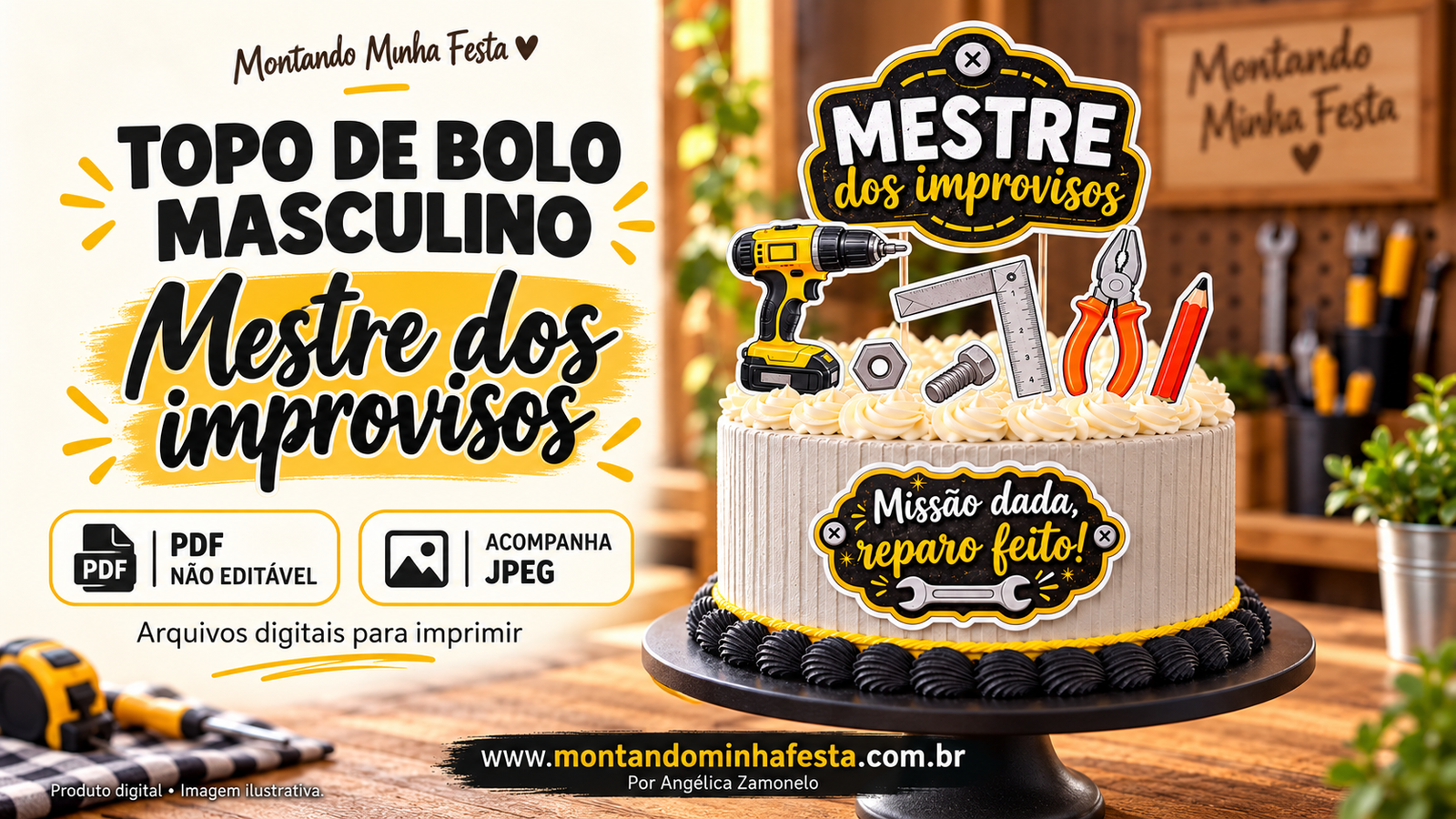 Banner do topo de bolo masculino Mestre dos Improvisos, com ferramentas de papel, disponível em PDF não editável e JPEG para imprimir.