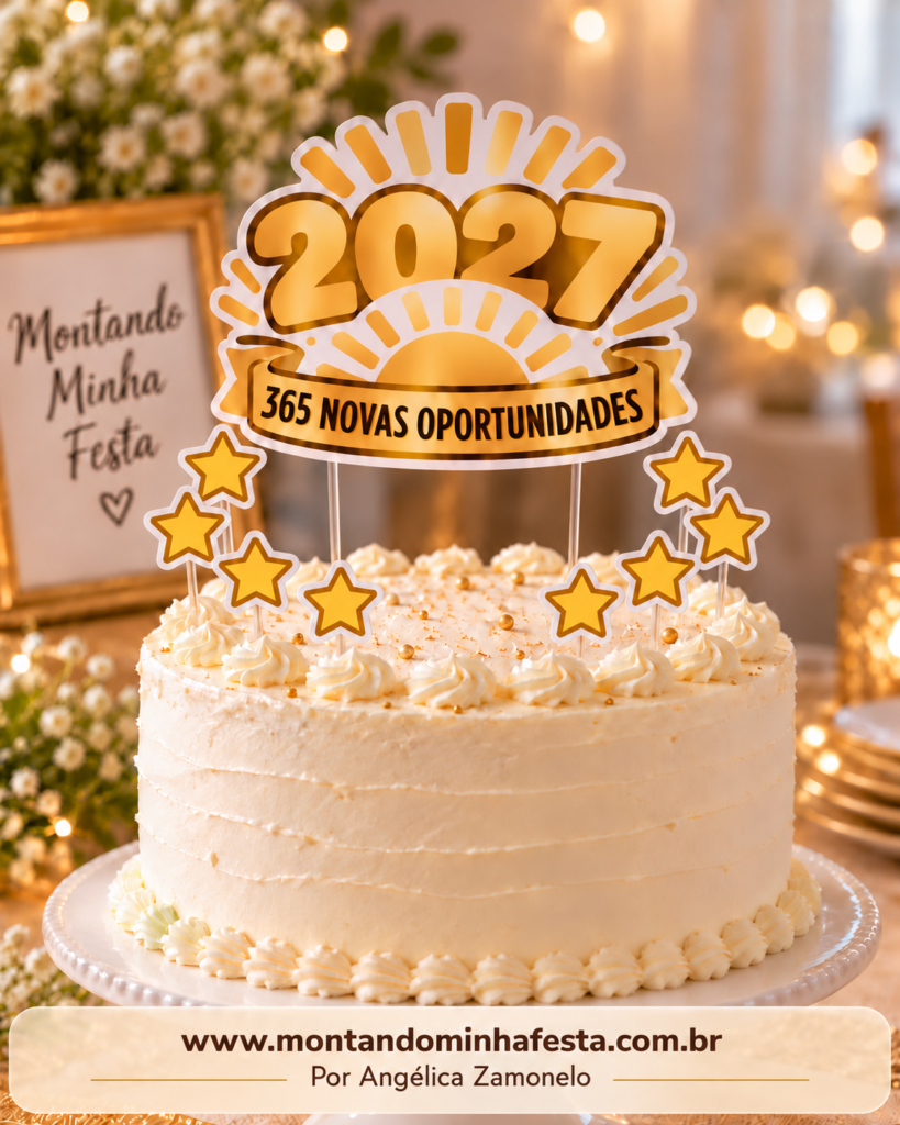 Bolo branco com topo dourado 2027, frase “365 novas oportunidades” e oito estrelas, com quadro Montando Minha Festa ao fundo.