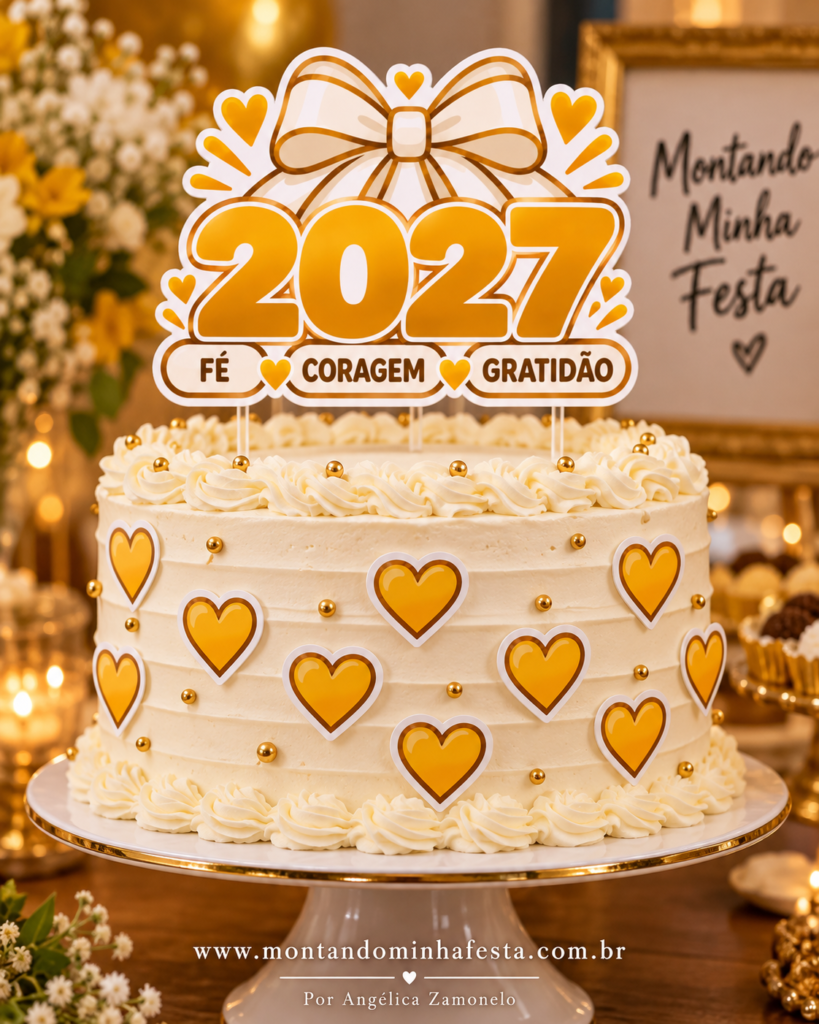 Bolo branco com corações dourados e topo 2027 com laço e palavras Fé, Coragem e Gratidão.