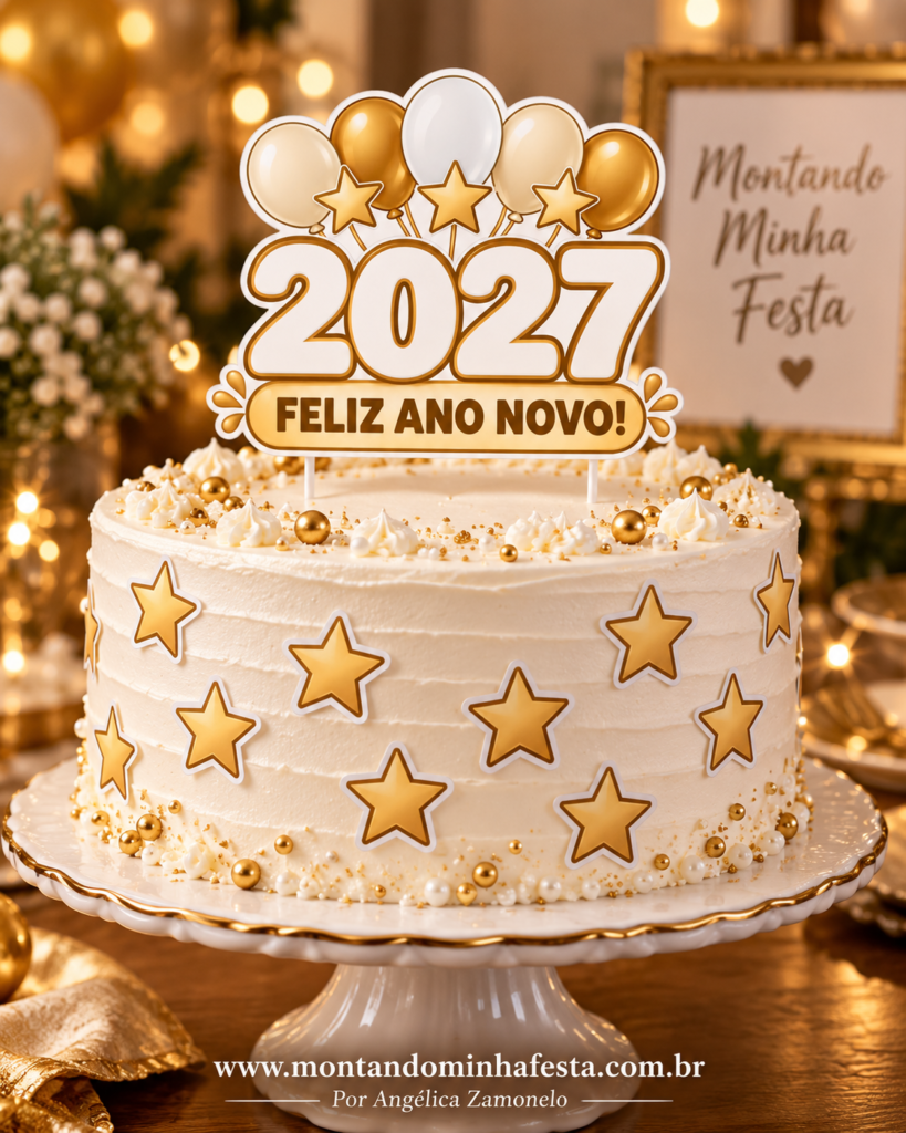 Bolo branco com topo de Ano Novo 2027, balões e estrelas douradas e frase Feliz Ano Novo.