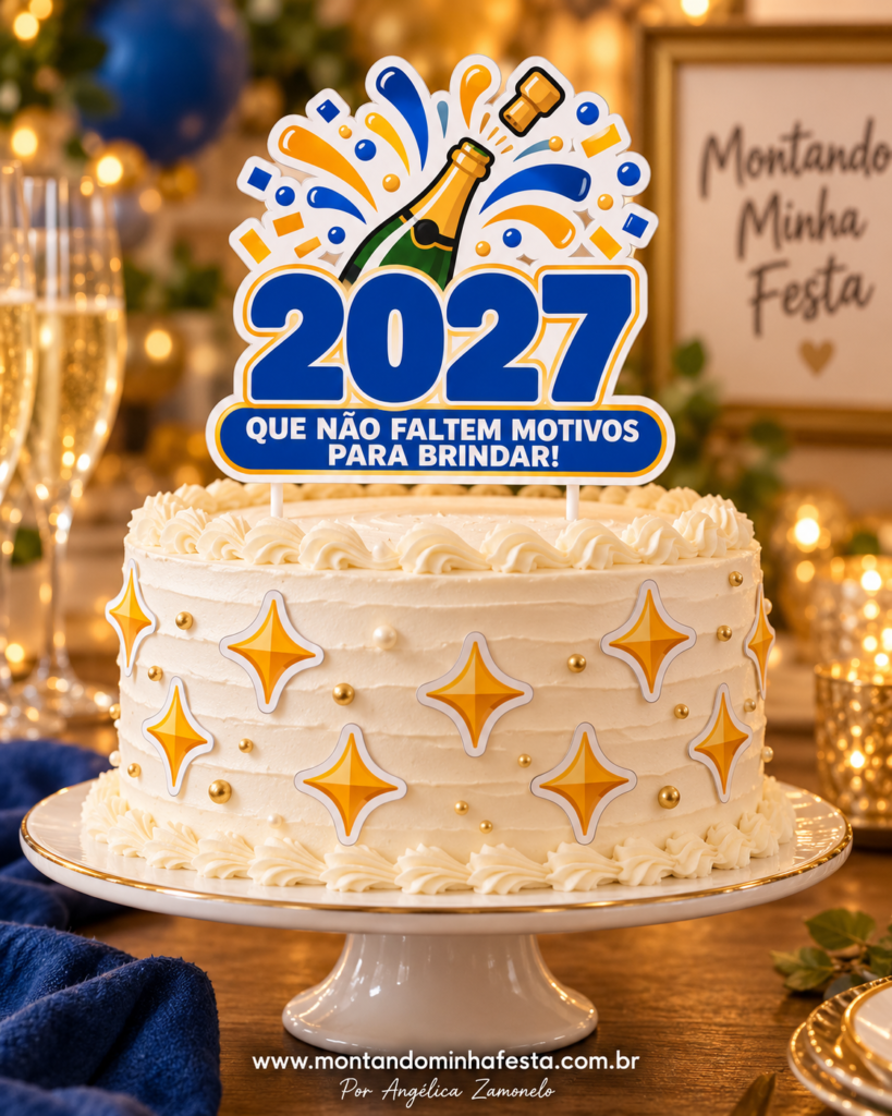 Bolo com topo azul e dourado de 2027, ilustração de champanhe e frase Que não faltem motivos para brindar.