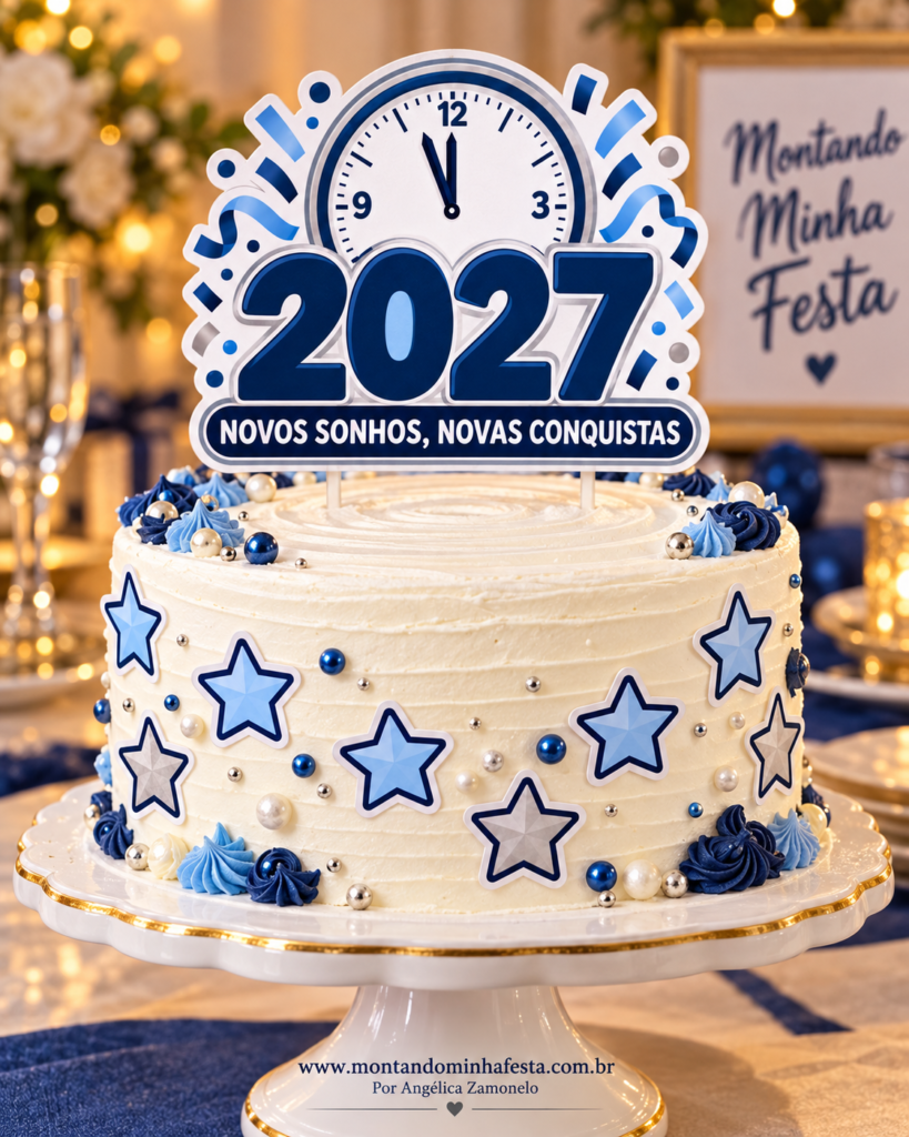 Bolo com estrelas azuis e prateadas, topo 2027 com relógio e frase Novos sonhos, novas conquistas.