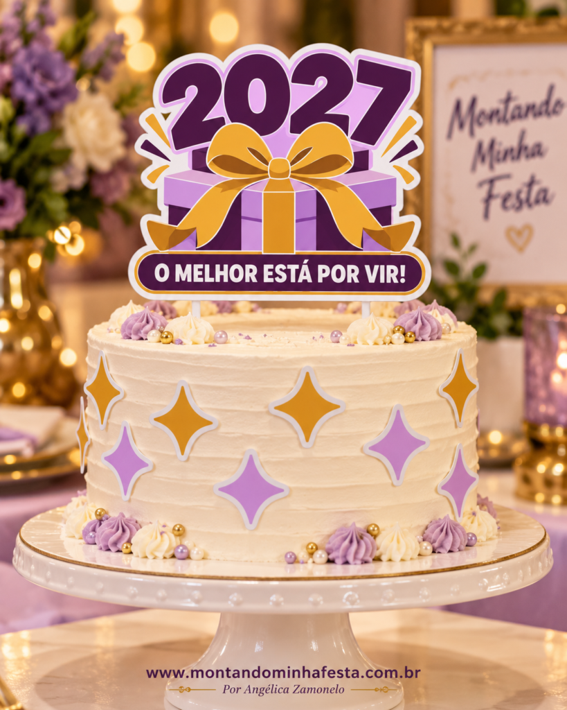 Bolo com detalhes lilás, topo 2027 com caixa de presente e frase O melhor está por vir.