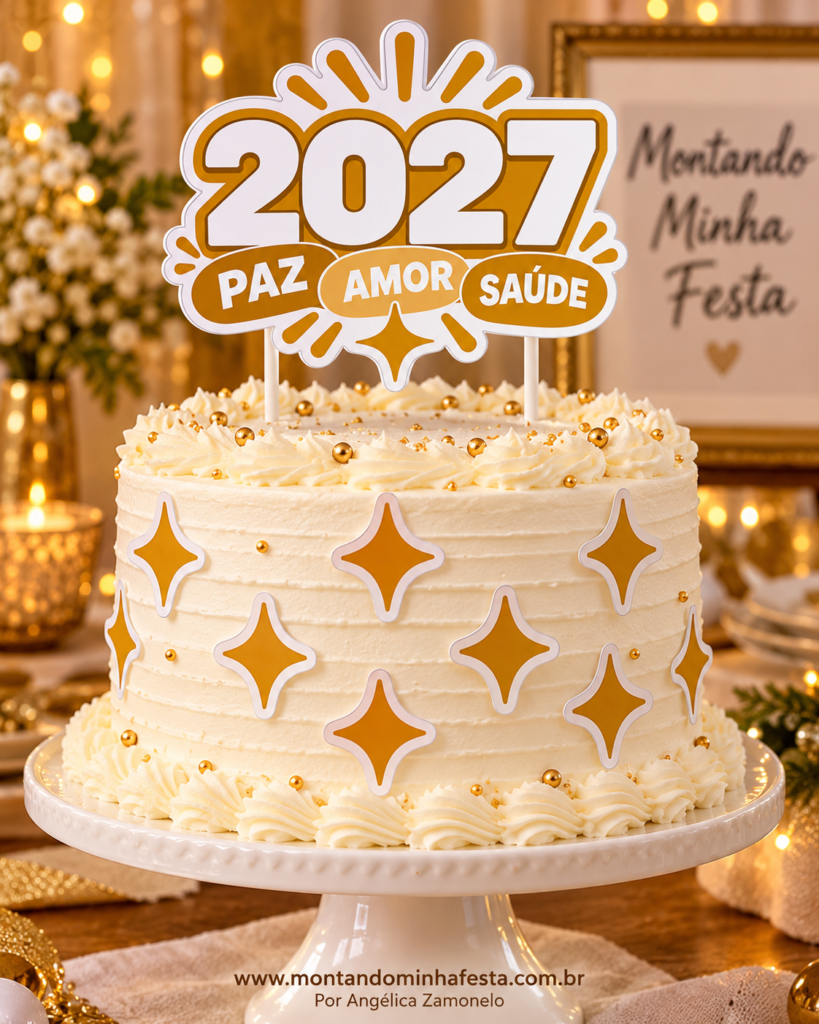 Bolo branco com estrelas douradas e topo de Ano Novo 2027 com as palavras Paz, Amor e Saúde.
