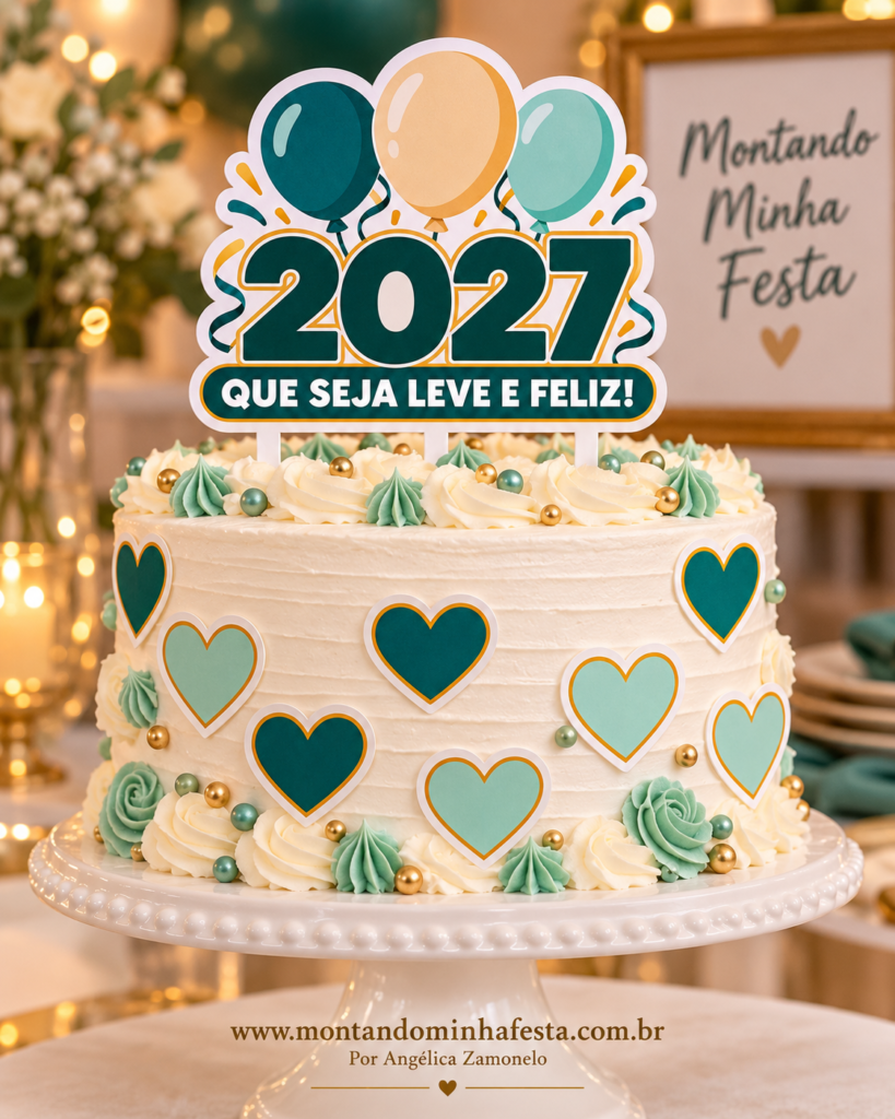 Bolo com corações e detalhes verde-menta, topo 2027 com balões e frase Que seja leve e feliz.
