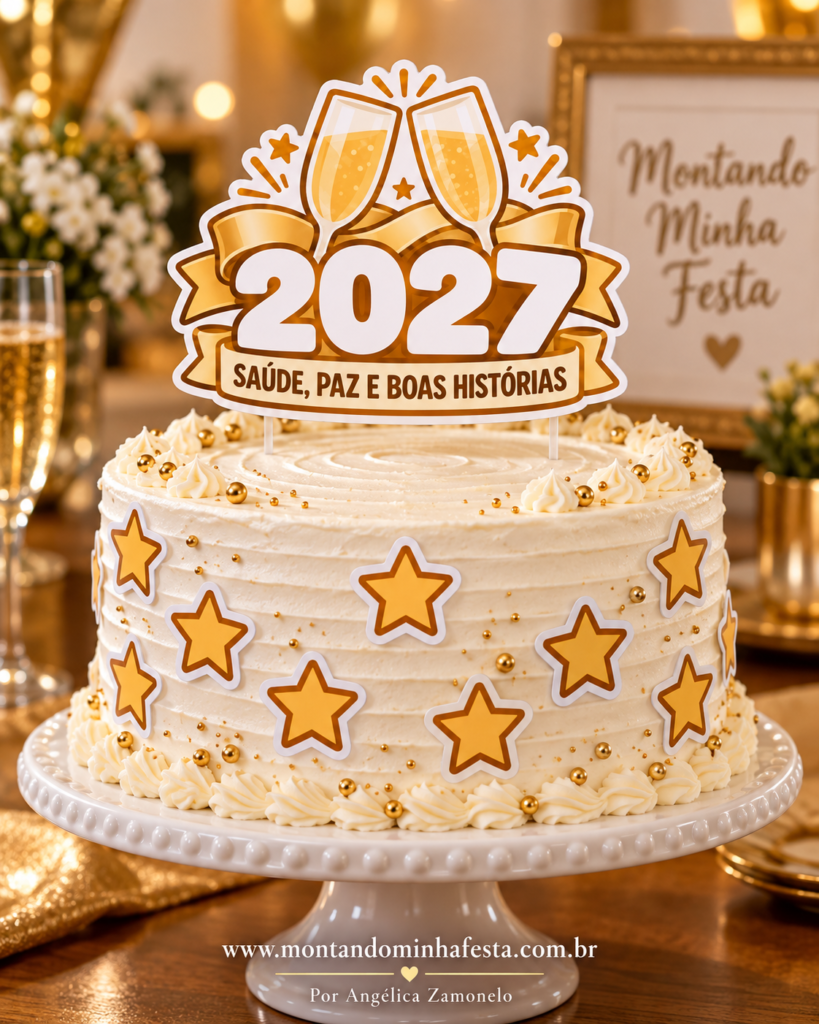 Bolo com topo 2027, taças ilustradas e frase Saúde, paz e boas histórias em branco e dourado.