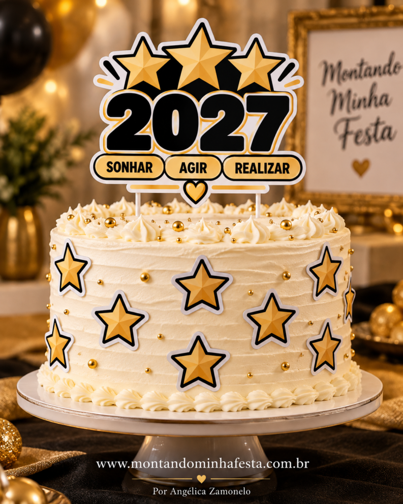 Bolo branco com topo 2027 preto e dourado, estrelas e palavras Sonhar, Agir e Realizar.