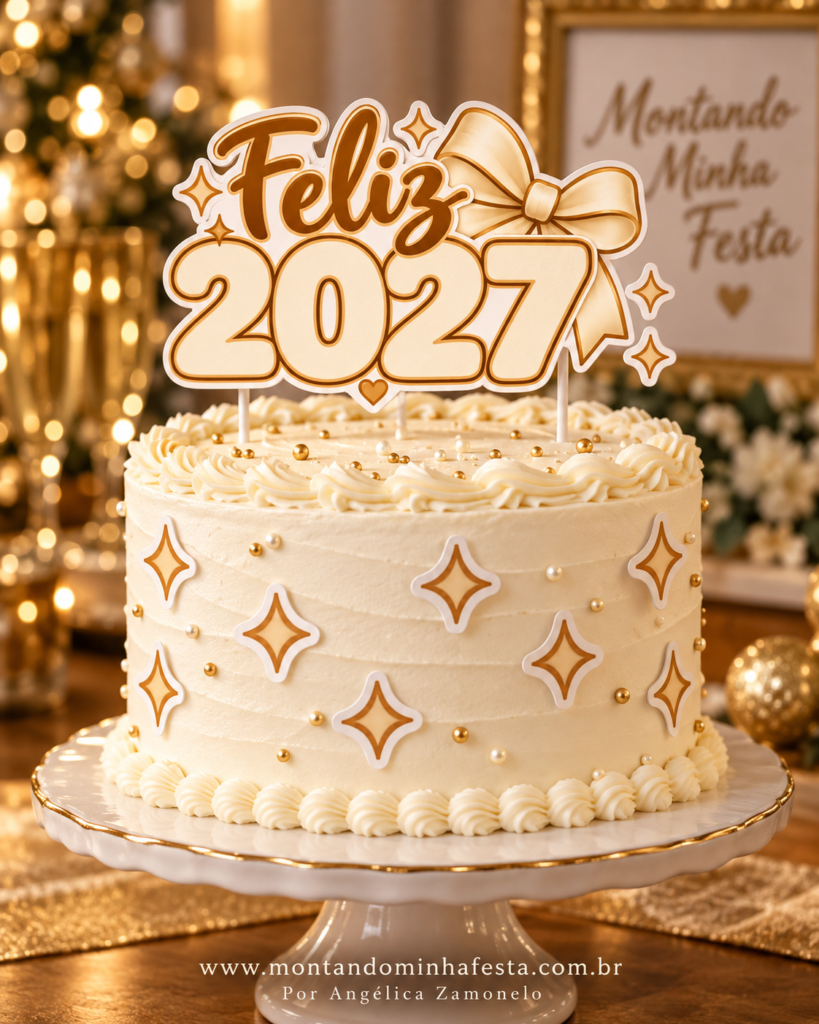 Bolo branco com topo Feliz 2027 em dourado, laço e estrelas de quatro pontas.