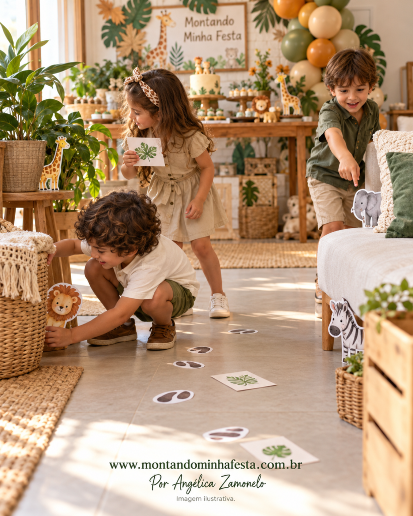 Crianças procurando animais de papel escondidos pela sala, com pistas ilustradas e pegadas no chão em uma festa safári.